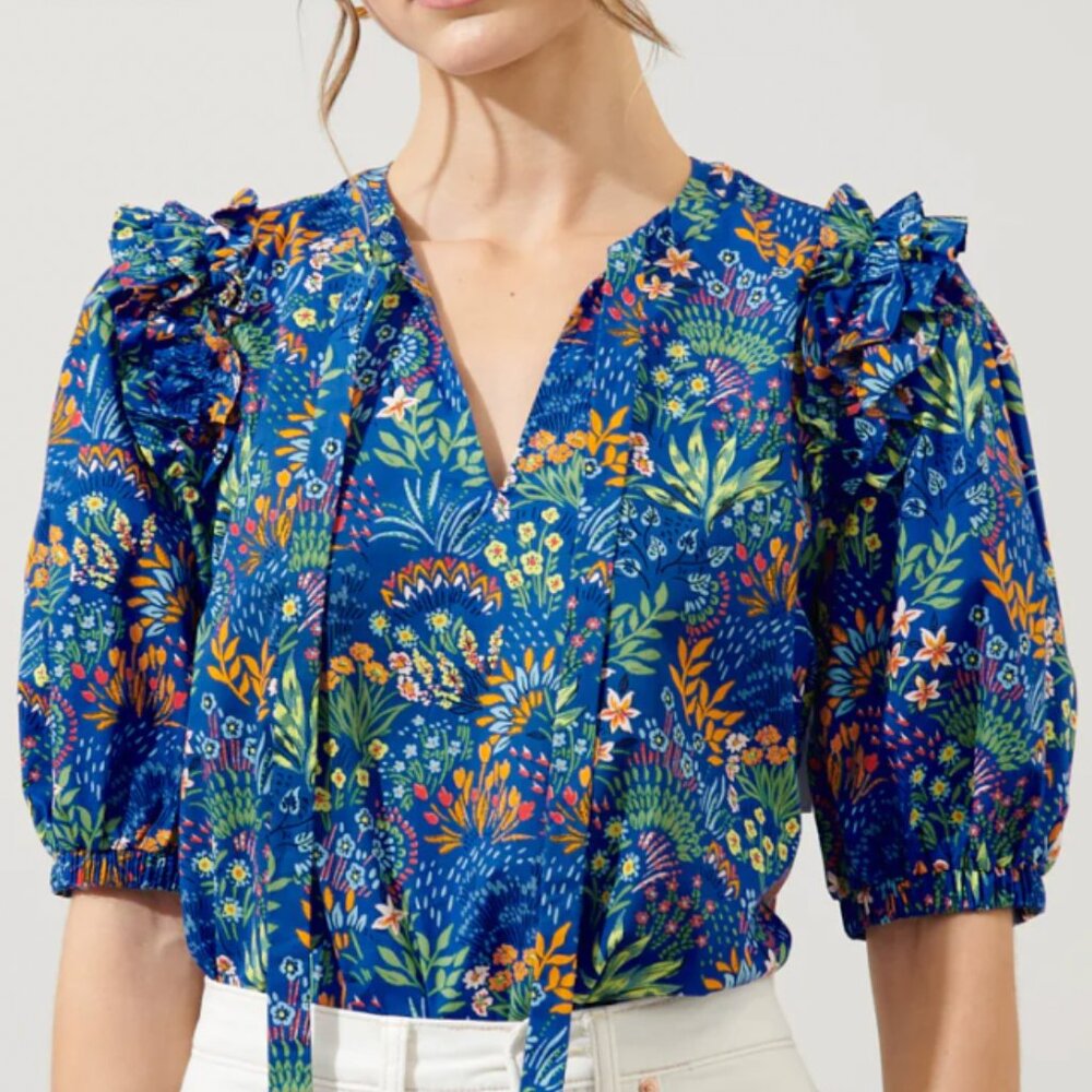 Sugarlips Ruya Floral Noche Tie Neck Blouse in COBALT-COMBO Size XS